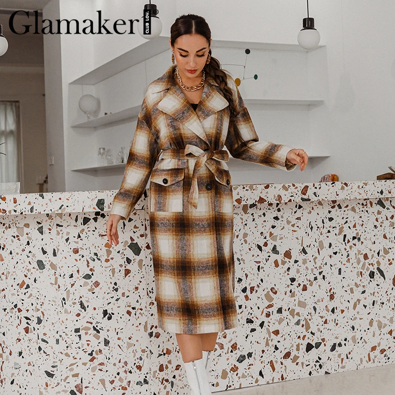 

Glamaker Plaid print high street style coat Female pocket asymmetry winter autumn overcoat Double breasted loose coat outwear
