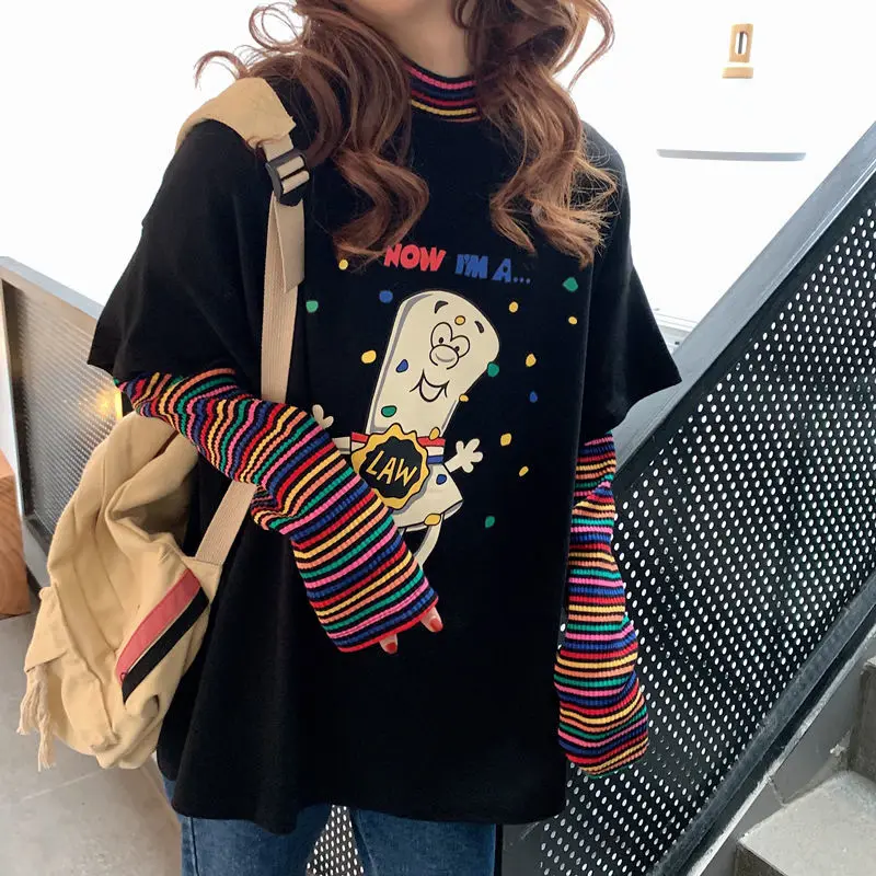 

QWEEK Autumn Funny Anime Print Graphic Tees Rainbow Striped T-shirts Women Fall 2021 Fashion Korean Style Kpop Oversized E Girl