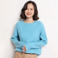 round neck womens thick cashmere sweater pullover cable flower solid color autumn and winter new loose knitting base all match