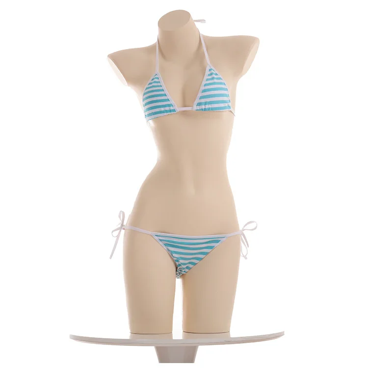 Anime Miku Kawaii Mini Bikini Cosplay Blue White Striped Micro Bikini Swimming Suit for Women Tie Side Swimsuit Set