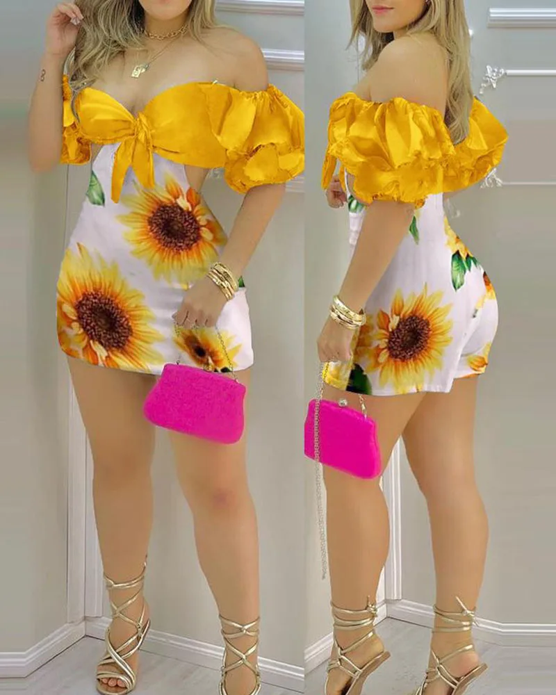 

Summer Clothes for Women Strapless Dress Plus Size Short Sleeve Dress Printed High Waist Skirt Shorts Yellow Casual Shorts Skirt