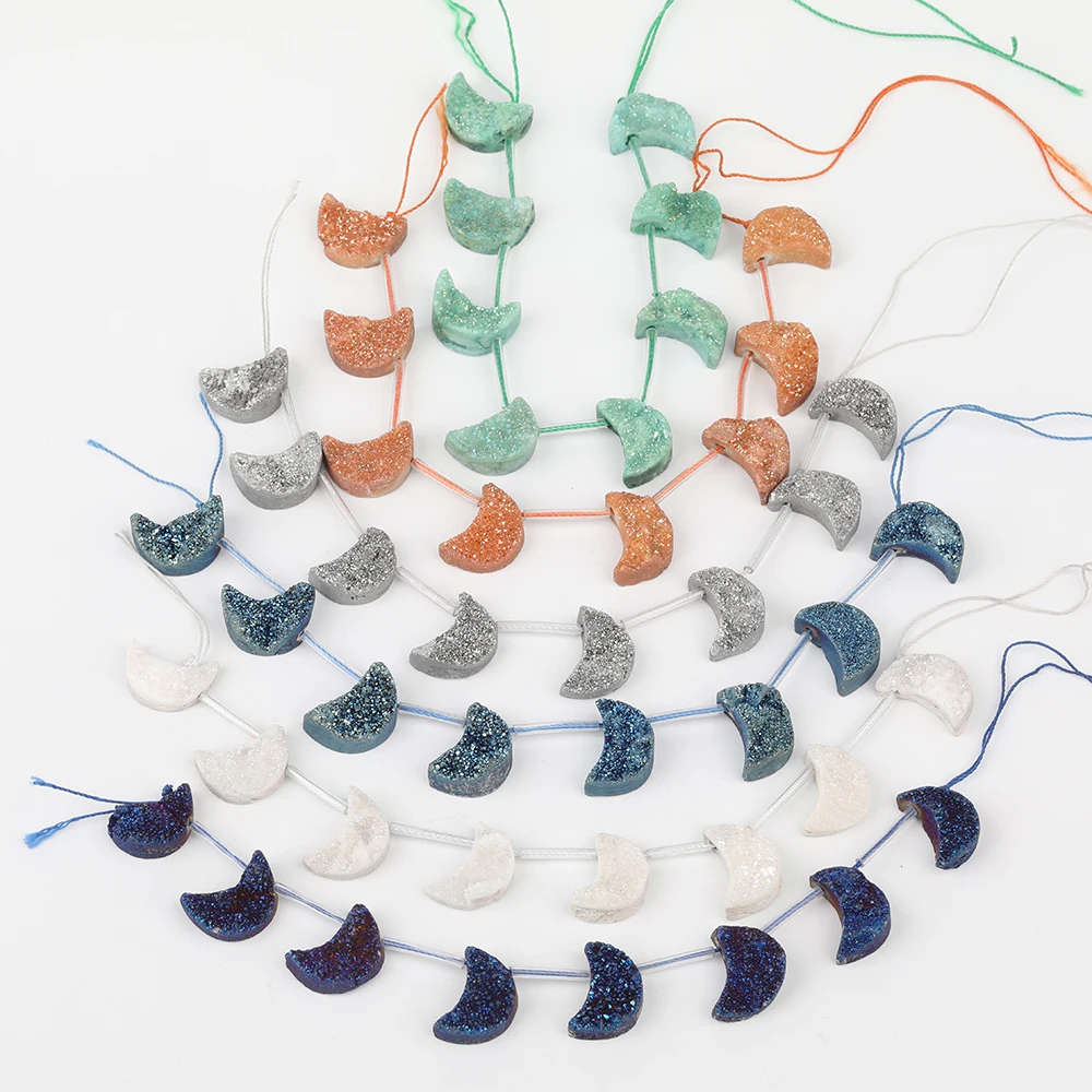 

8PCS/Strand.White AB Titanium Druzy Drusy Agates Moon-Shape Loose Beads Jewelry,Top Drilled Drusy Beads Strand XFX-167AMDJ