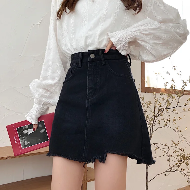 Black Denim Skirt Women's Irregular 2021 New Spring and Autumn A-line High Waist Thin Fashion | Женская одежда