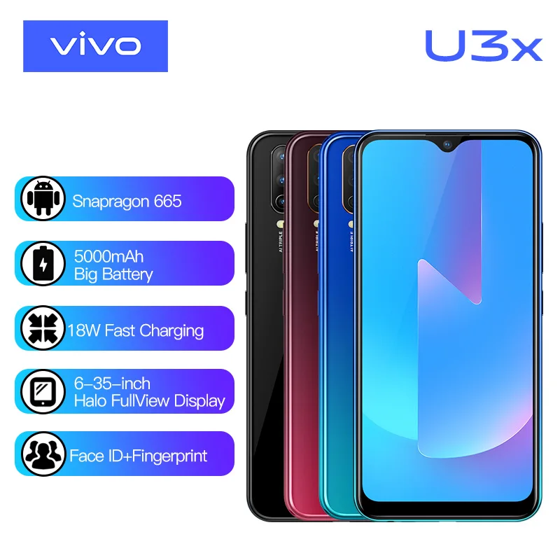 Оригинальный vivo U3x мобильный телефон Snapdragon665 6 35 &quotЭкран 5000 мА/ч большая Батарея 4