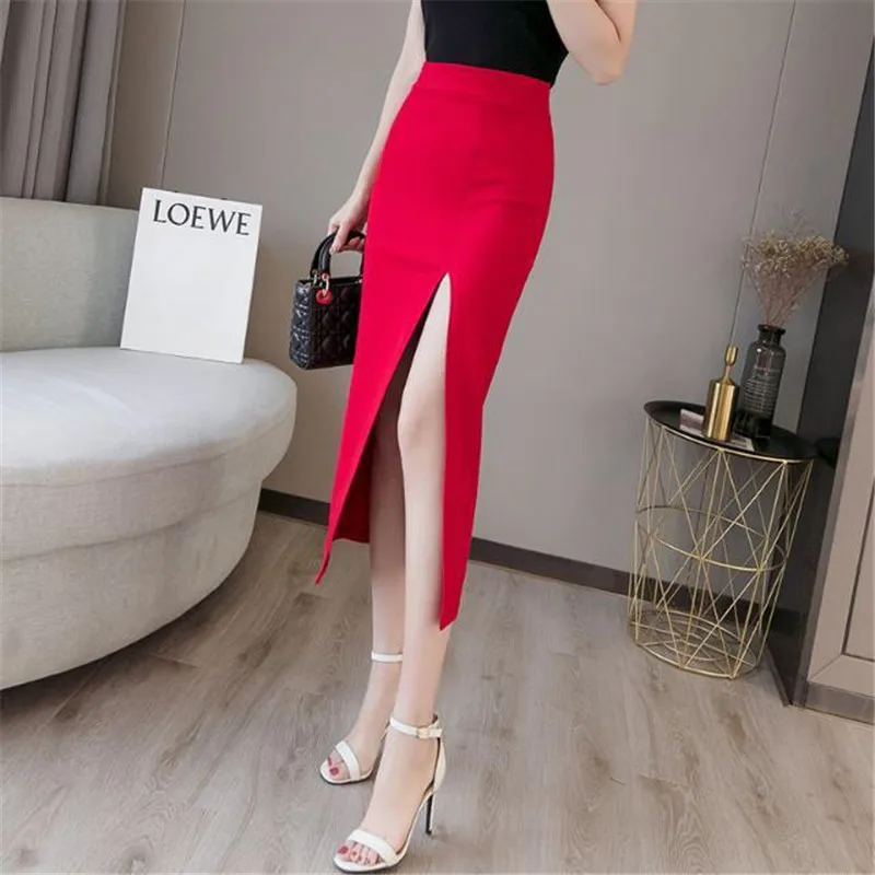 

High Wasit Office Skirt Red Black Open Slit Casual Pary Ladies Skirts Long Faldas Largas Mujer Kobieta Spódnice Femme Jupes