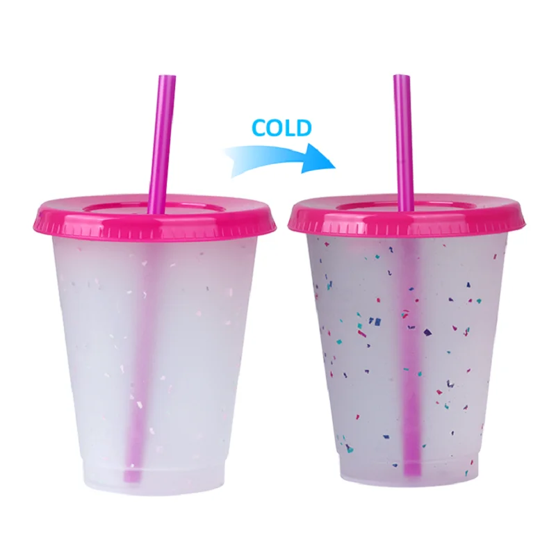 

5pcs Color Changing Cup 16OZ Confetti Plastic Color Changing Cup Reusable Cold Drink tumblers with lids and straws party cups