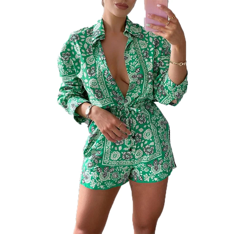 

Casual Floral Print Two Piece Sets Women Fashion Zipper Tops+Drawstring Shorts Outfits Autumn Long Sleeve Slim Sweatshirt Suits