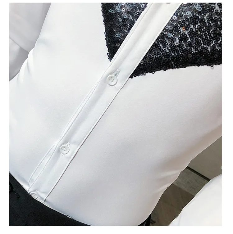 

White Black Tuxedo Shirt Men Sequins Patch Solid Long Sleeve Dress Slim Fit Shirts Stage Wedding Prom Gentleman Blouse Male