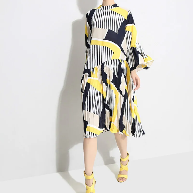 2019 осенняя одежда со стоячим воротником длинные платья с расклешенными рукавами