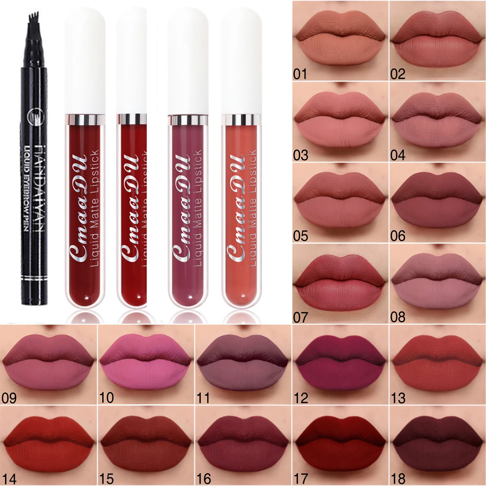 

1PCS Matte Lipstick Velvet Long Lasting Waterproof Lip Glaze Sexy Red Lip Tint Gloss + 1PCS Tattoo Eyebrow 4 Fork Eyebrow Pencil