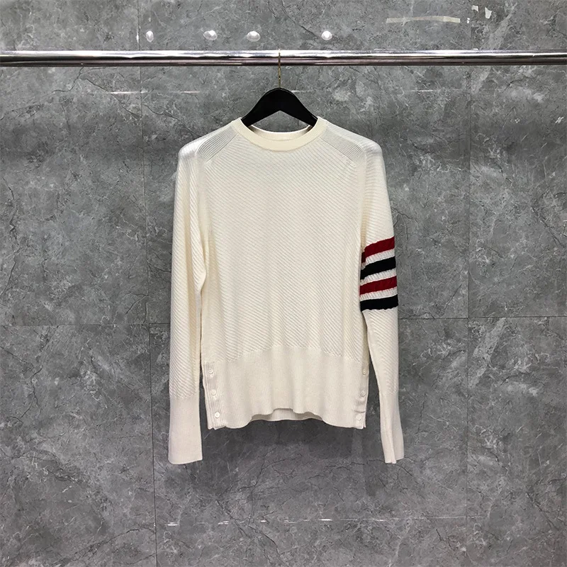 

Fashion TB 2021 THOM Brand Sweaters Men Slim Fit O-Neck Pullovers Clothing Red Striped Wool Cotton Autumn Winter Casual Coat