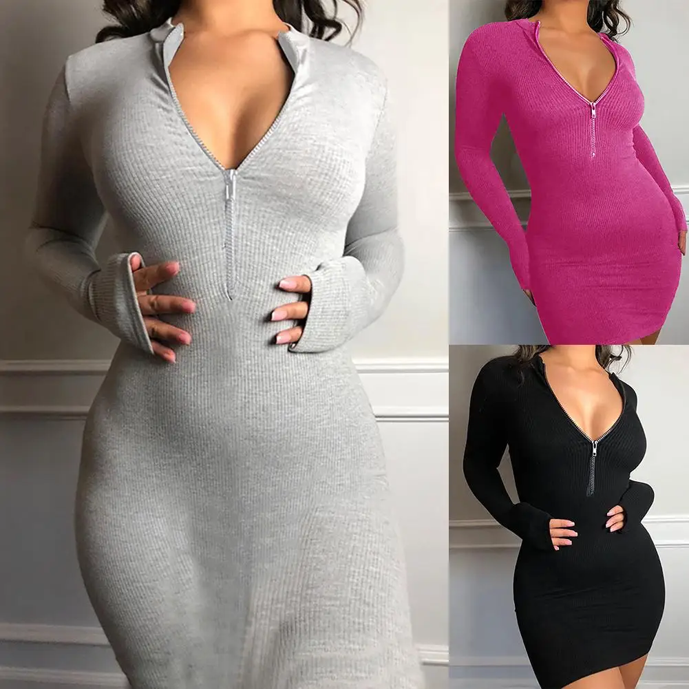 

Женское сексуальное однотонное Клубное облегающее мини-платье с длинным рукавом и молнией спереди