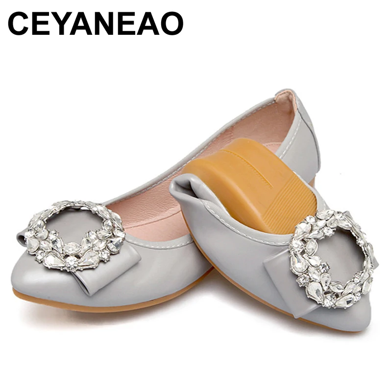 

CEYANEAO 2019 summer women's fashionable Crystals on a flat sole; folding ballet flats with pointed toe and rhinestones