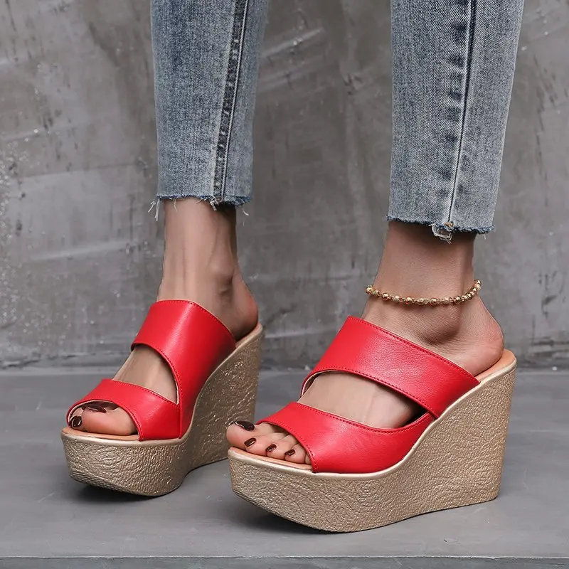 

New Super High Heel Women's Slippers Sandals Spring Autumn Modern Wedges High 4cm Thick Flat Platform Solid Outside Lady Shoes
