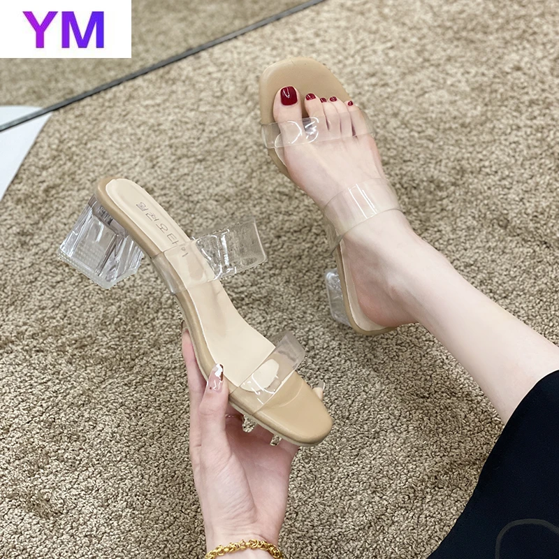 

HOT Peep Toe Ladies Square High Heels Transparent Sandals Women Shoes Hollow Out Work Summer Woman Pvc Casual Open Slingback