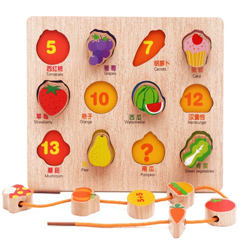 

Baby Early Educational Toy Baby Hand Grasp Wooden Puzzle Toy fruit/animal Stringing Threading Learning Toy Child Wood Jigsaw Toy