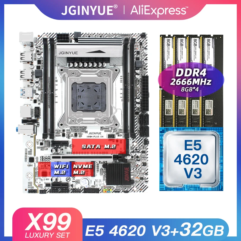 Billig JINGYUE X99 Motherboard LGA 2011-3 Set Kit Mit Intel Xeon E5 4620 V3 Prozessor 32G(4*8) DDR4 2666 MHZ RAM X99M-PLUS D4