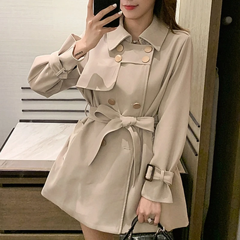 

Women Double Breasted Trench Coat Spring 2022 Fashion Slim Windbreaker With Belt Women Long British Style Coat Black/Beige/Khaki