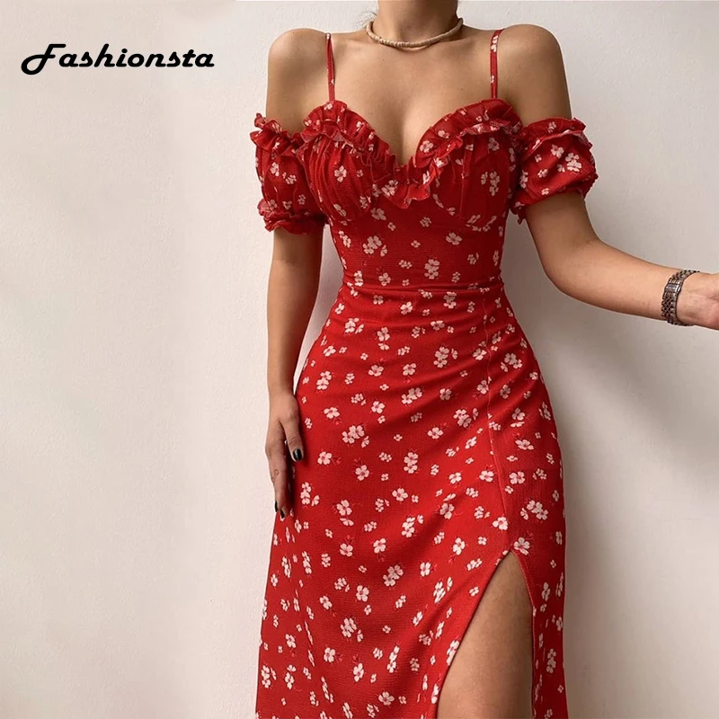 

Fashionsta Summer Floral Dress Casual Spaghetti Strap Dress Sexy Party Bodycon Club Midi Dresses Women Summer Autumn Vestidos