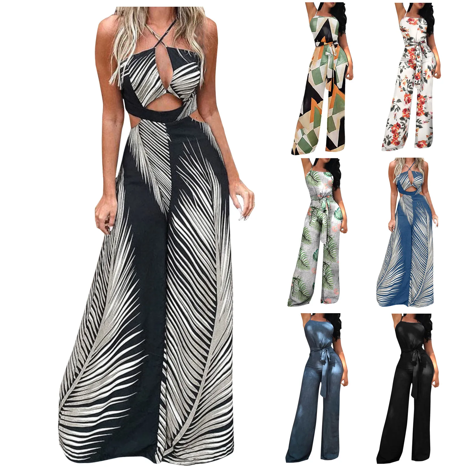 

Women Jumpsuits Loose Wide Leg Full Length Sleeveless Overalls Jumpsuit Casual Print With Belt Summer Wide Leg Pants Femme R5
