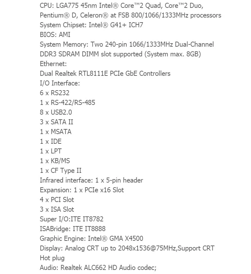 Для CYSMBD-G41ISA материнская плата с 3 ISA, 4 PCI слотами, 6 COM, 1 LPT, socket 775, G41, DDR3, VGA порт, один год гарантии