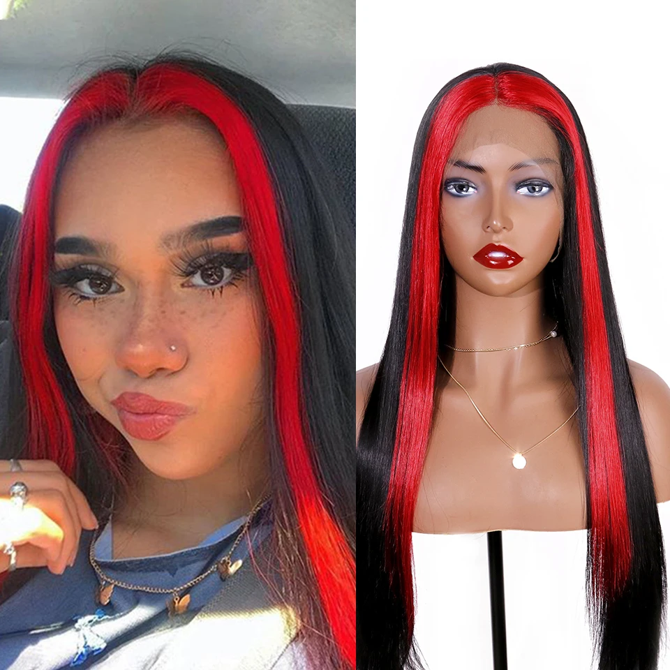 

Парик длинный прямой синтетический 13*4, термостойкий передний парик с сеткой средней части для чернокожих женщин, красный, черный