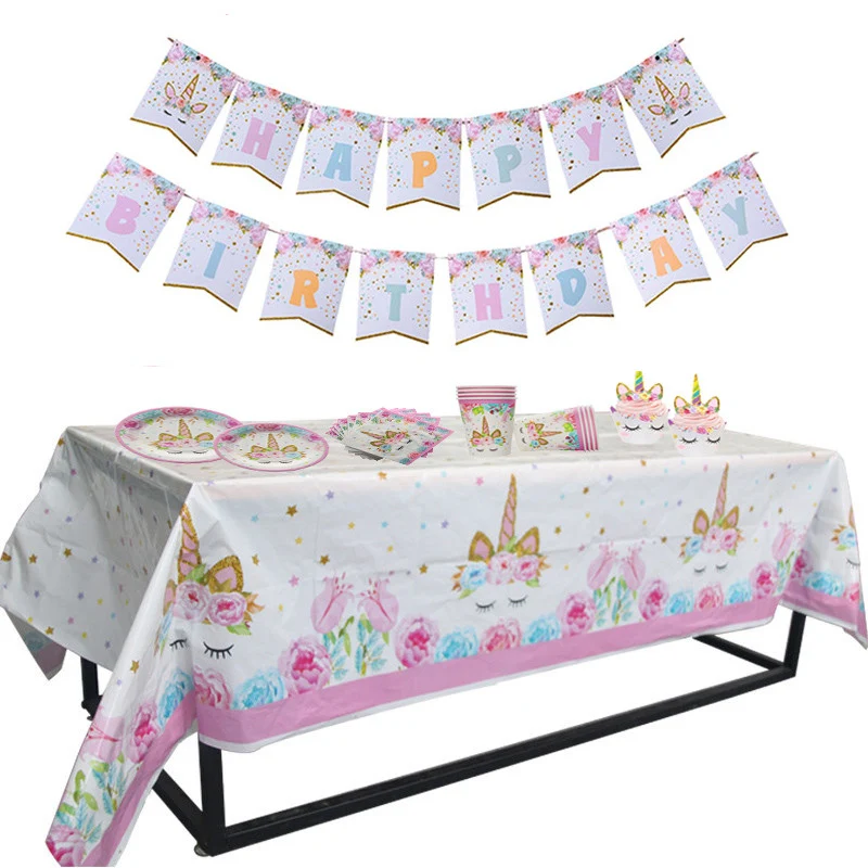 Розовый Единорог праздвечерние чные принадлежности Декор баннер тарелки