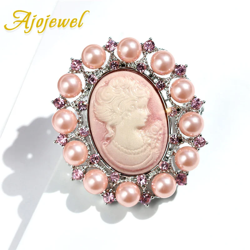 

Ajojewel Luxury Cameo Brooch Pink Blue Resin Lady Maiden Shell Pearl & Rhinestone Brooches For Women