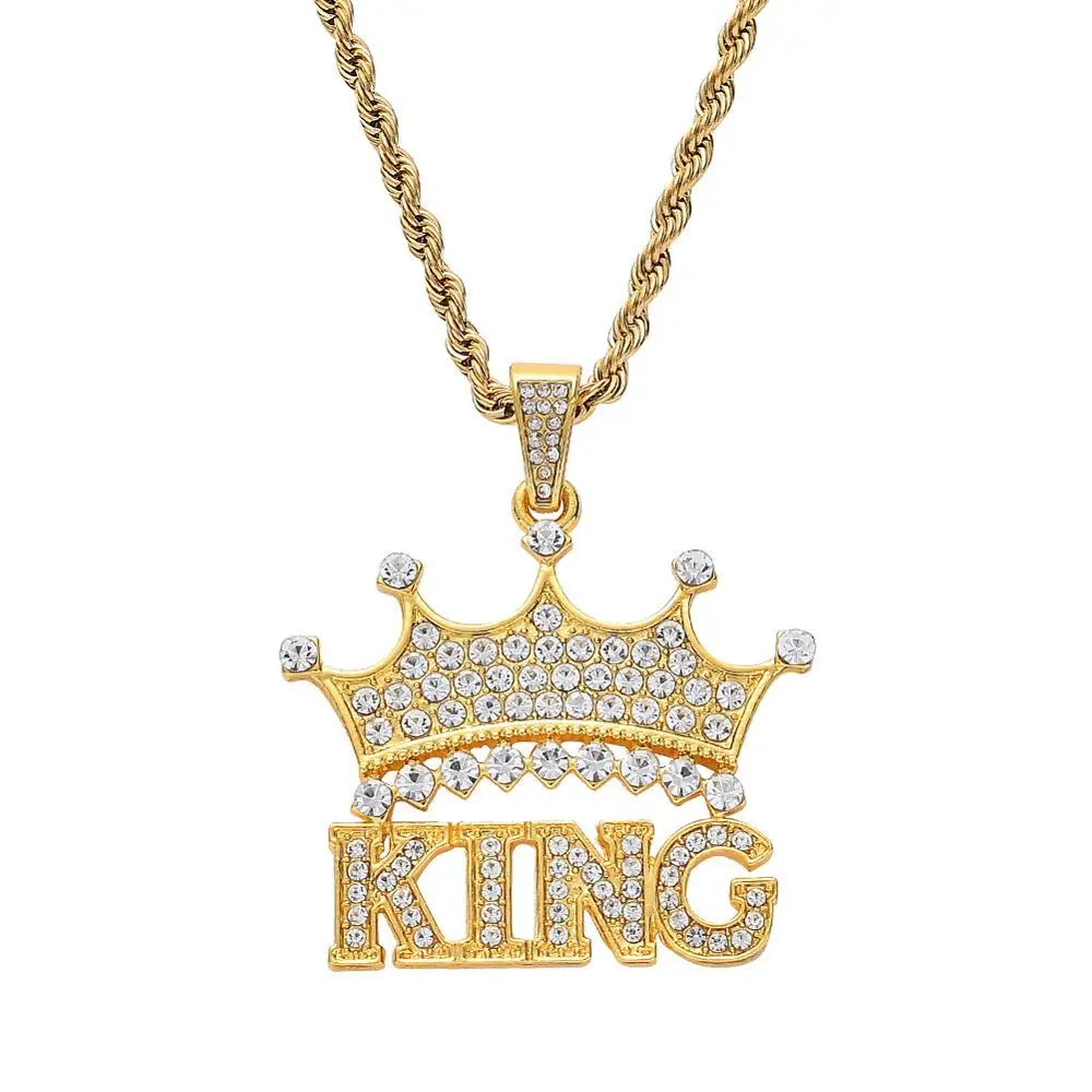Gold Iced Out хип-хоп ожерелье кристалл король с подвески Корона и ожерелье для мужчин и женщин ювелирные изделия подарок - Окраска металла: Gold