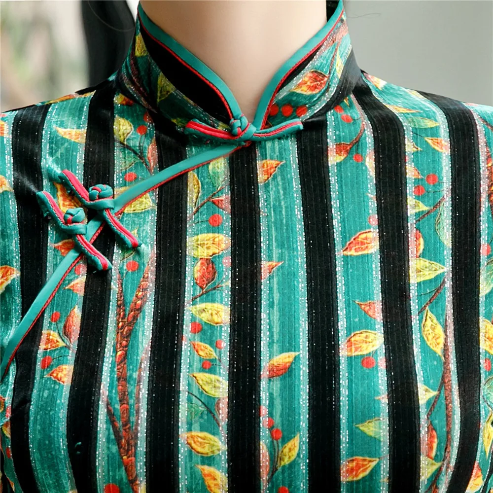 Шанхай история велюр Cheongsam по колено китайское платье Ципао традиционное платье зеленый