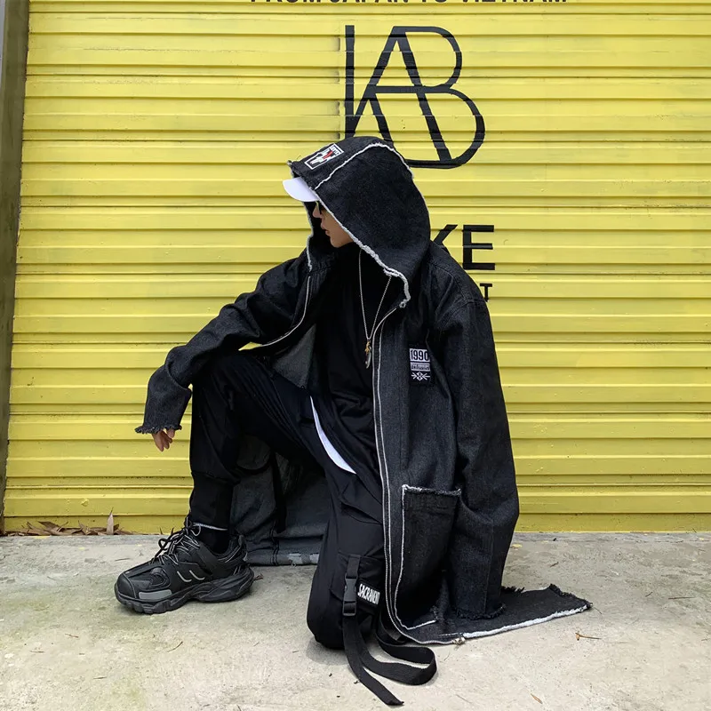 

Street Fashion Couple Hooded Denim Windbreaker Men and Women Autumn Long Cowboys Coats Hip Hop Loose Ripped Jean Men's Jackets