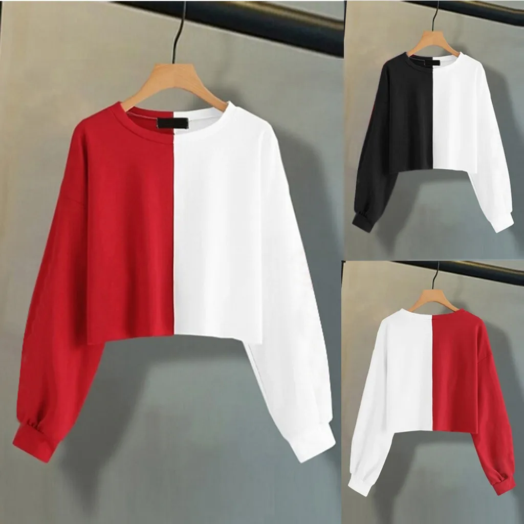 

Black And White Stitching Cropped Womens Solid Long Sleeve Splice Sweatshirt Short Pullover Hooded Women Tops Streetwear Худи