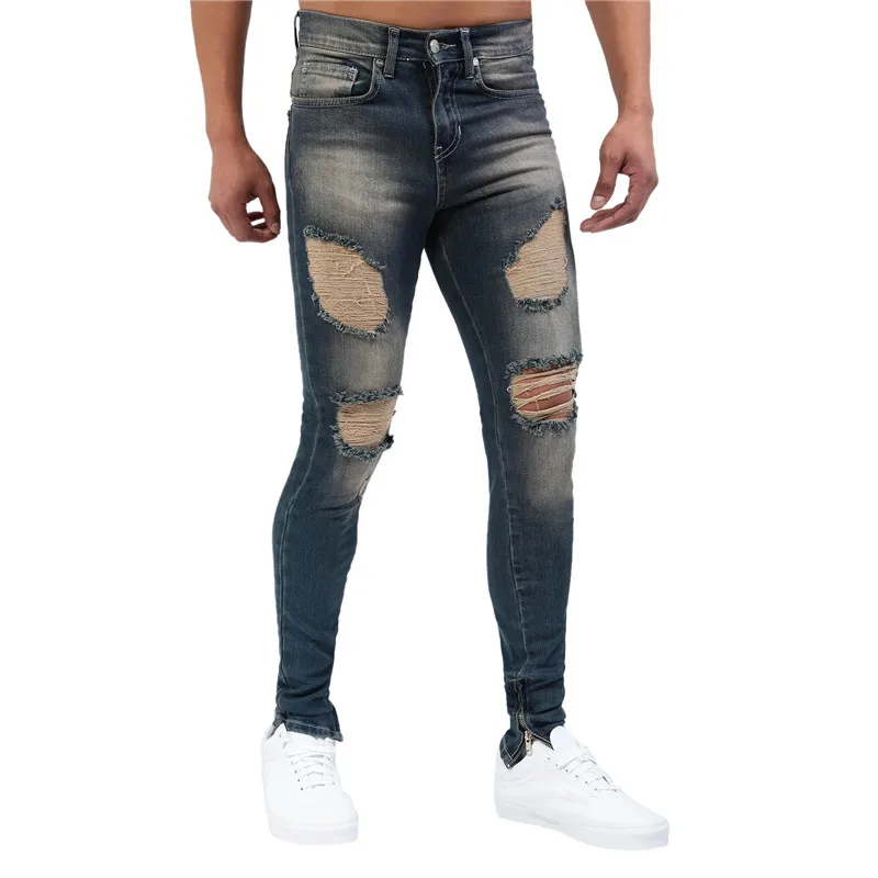 

KIMSERE Mens Hi Street Destroyed Jeans With Holes Fashion Streetwear Ripped Denim Pants Trousers Torn Distressed Jeans Washed