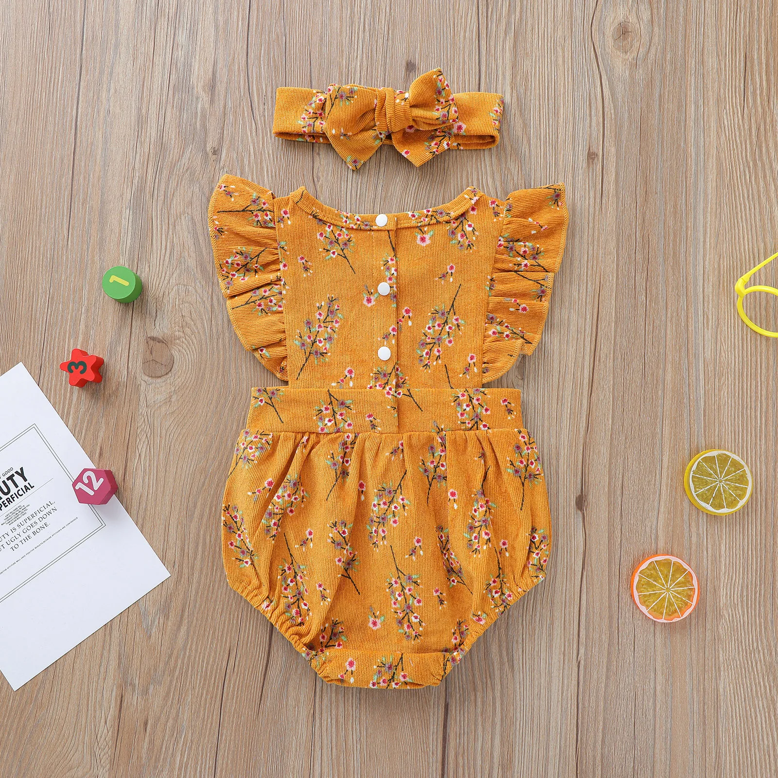 

2020 New 0-24M Toddler Baby Girls Spring 2Pcs Set Floral Print Corduroy Flared Short Sleeve Bodysuit+Headband Infant Outfit
