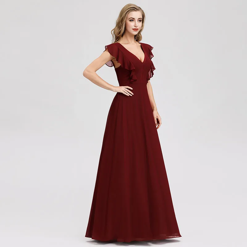 Evening Dress A-line 2020 New Burgundy V-neck with Short Sleeves Open Back Simple Party Gowns Queen Abby |