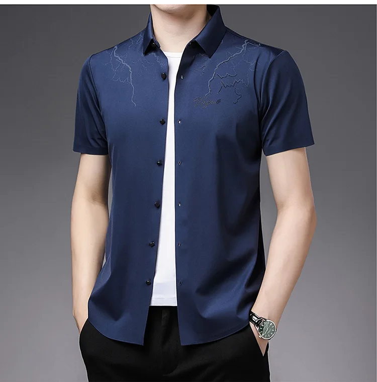 

2021 summer men's seamless shirt young and middle aged Lapel short sleeve business shirt men's personality trend cardigan