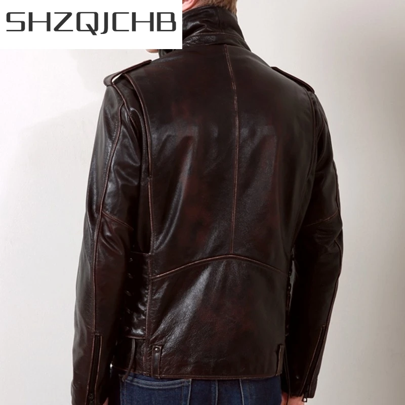 

JCHB 2021 New Brand Cow Leather Mens Slim Fit Vintage Outerwear Coats Chic Side Lace Up Lapel Genuine Leather Moto Biker Jackets