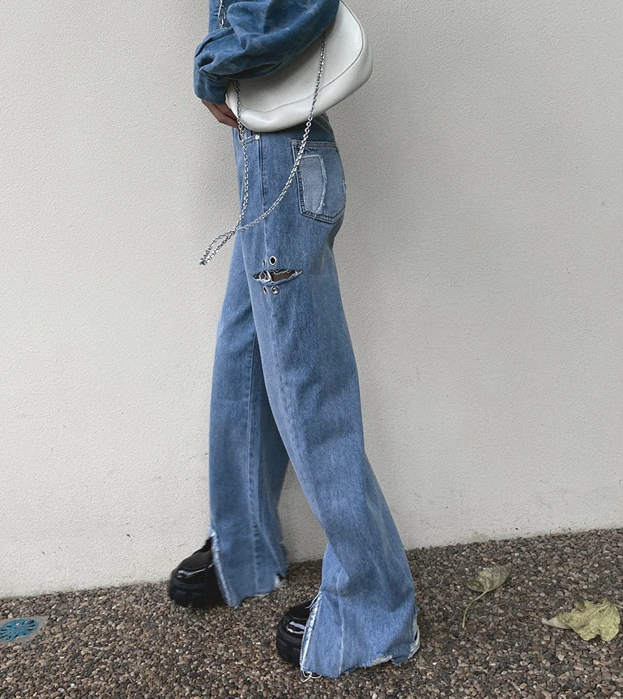 

Rippde Jeans Women New Autumn 2021 Korean High Waist Street Split Pants Wide Leg Pants Trend Jeans For Women Blue Denim Trousers
