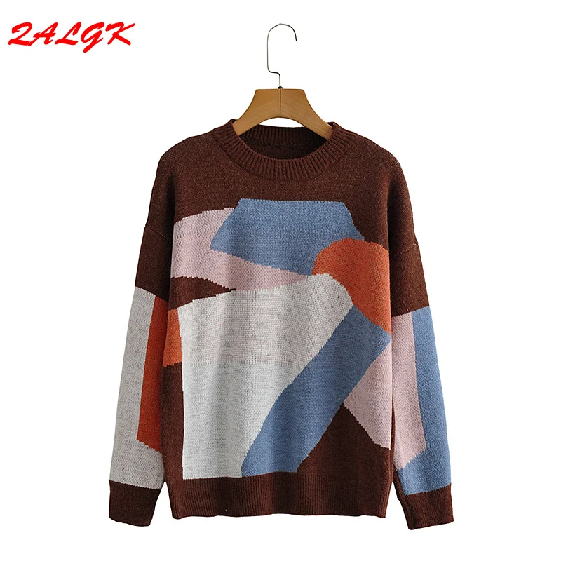 

Women Sweater Knit Bottoming Shirt Autumn Winter New Korean Version of Warm Fluff All-match Color-blocking Loose Head clothing