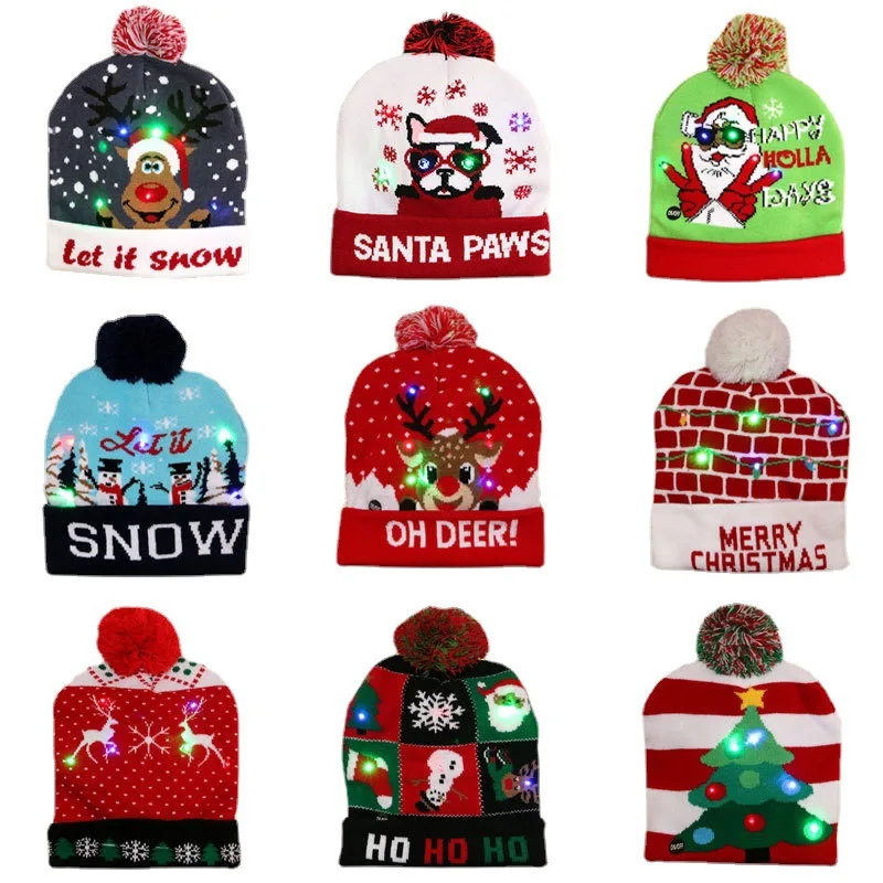 

C1063 2022 New Year LED Knitted Christmas Hat Beanie Light Up Illuminate Warm Hat For Kids Adults New Year Christmas Decor