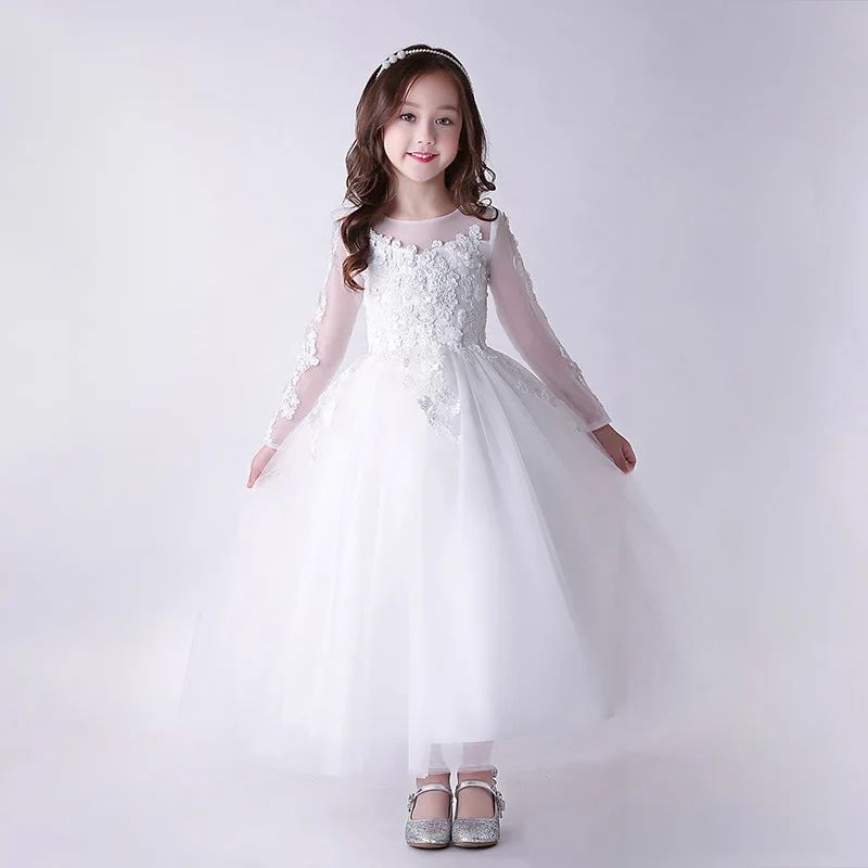 Белое длинное свадебное платье с цветочным узором для девочек элегантное