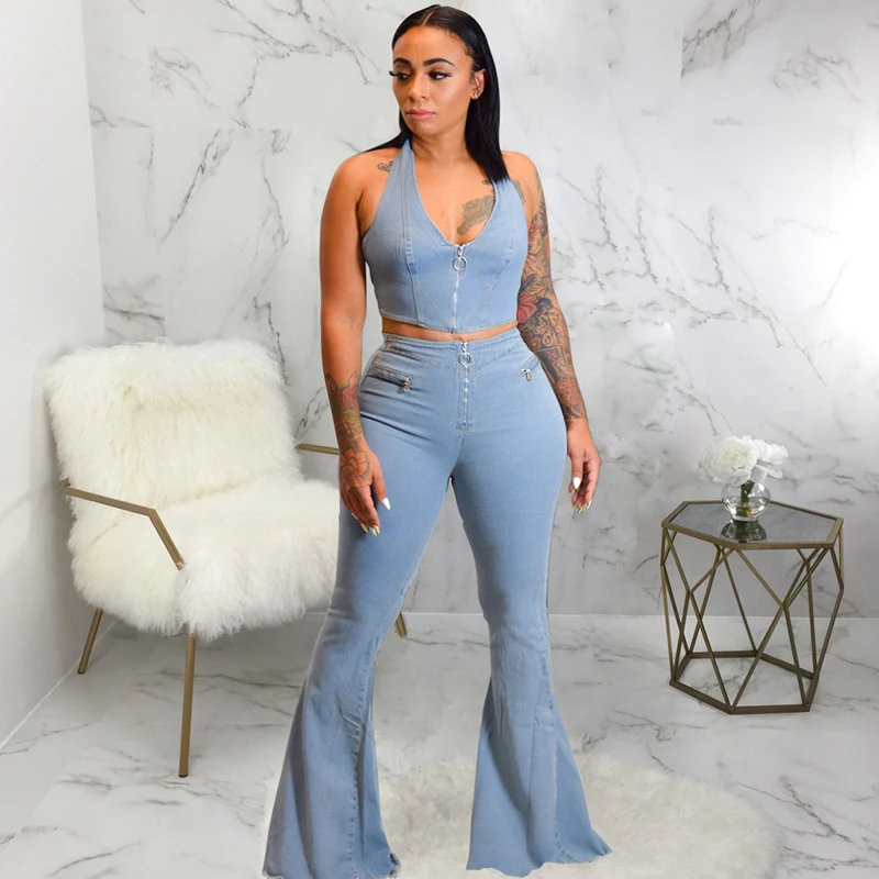 

Sexy Matching TWO PIECE SET Denim Jeans Suit Women Crop Top Halter Neck Club Outfits 2 Piece Set Flare Pants Wide Leg Palazzo
