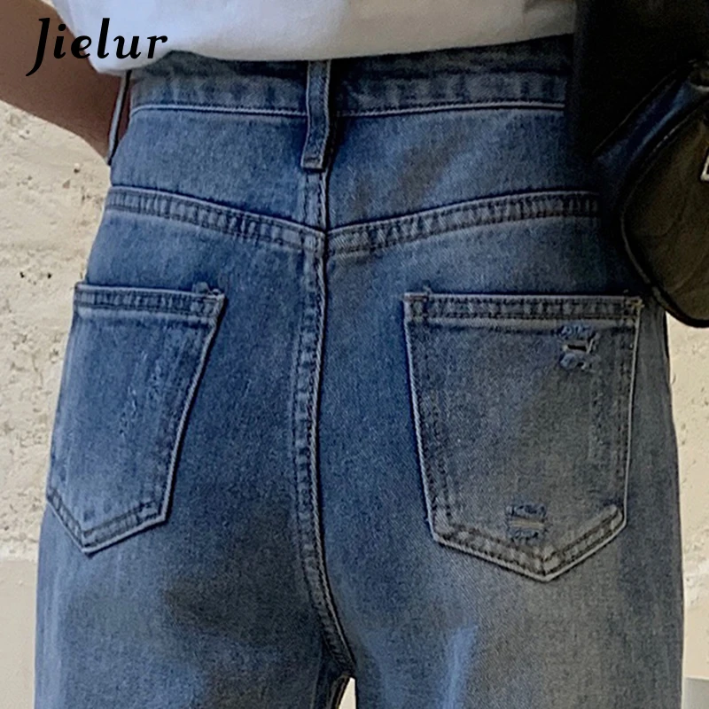 

Jielur Blue Women Jeans Hipster Hole Jeans Basic Female Slim Denim Trousers Chic New Spodnie Damskie Solid Color Jean Femme