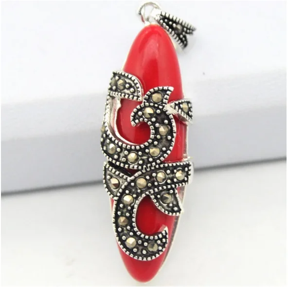 Винтажные 925 пробы серебро натуральный красный коралл падения марказит кулон 45X12