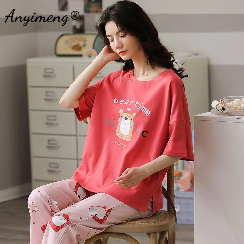

Summer Pijamas Women Cotton Two Piece Set Summer Short Sleeves Bear Letter Printing Fashion Home Clothing Young Ladies Sleepwear