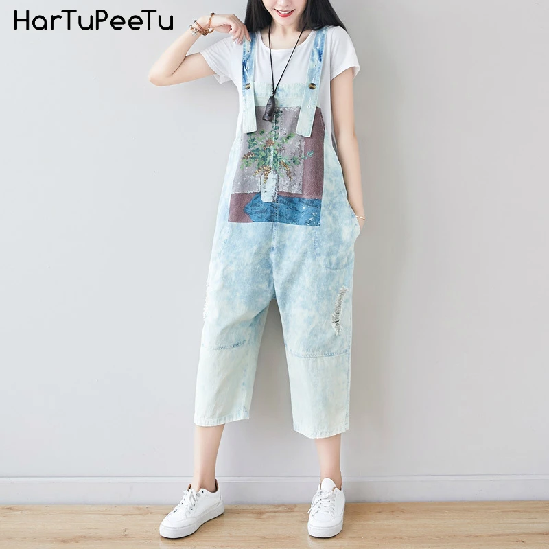 Denim Jumpsuit Women Overalls Jeans Ripped Summer 2022 Thin Loose Casual Baggy Print Trouser with 4 Loops Straps