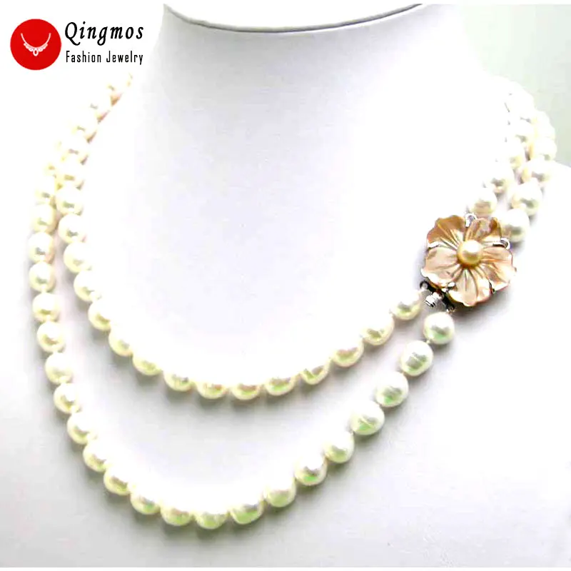 

Qingmos 6-7mm Rice Natural Freshwater White Pearl Necklace for Women 17-18" Chokers 2 Strands Necklace Jewelry Nec5032