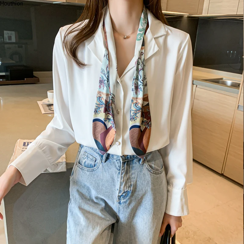

Houthion New Long-sleeved Women Blouse Casual Fashion Blouses Comfortable Summer Shirt Lapel Chiffon High-end Top Lady