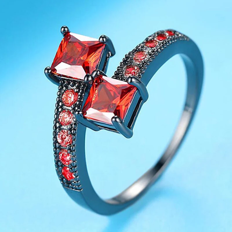 Красный Hpxmas, серебряное женское кольцо, двойной черный камень, Женское кольцо, циркон, Элегантная звезда, квадратное, широкое, Открытое кольцо, подарок для женщин, Прямая поставка - Цвет основного камня: Красный