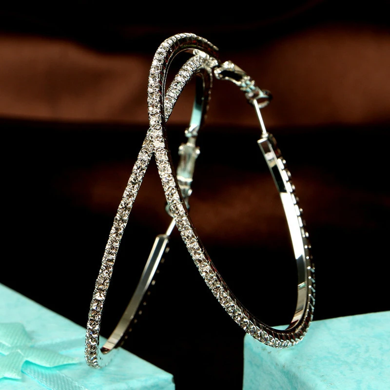 

DoreenBeads Fashion Geometric Hoop Earrings For Women Jewelry Crystal Rhinestone Silver Color Gold Color Earrings For Girl Gift